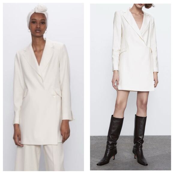 Zara Ecru Wrap Style Blazer Dress Size Large 2127/493 Cream Mini Minimalist - Picture 1 of 13